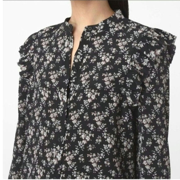 AllSaints Silk Floral Ruffle Long Sleeve Button Down Blouse Black Sz2 Chic Femme - Picture 4 of 16